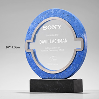 Trophée de luxe au design créatif avec base en marbre gravée au laser, plaque de récompense en verre rond marron, certificat d'honneur VIP, cadeau promotionnel