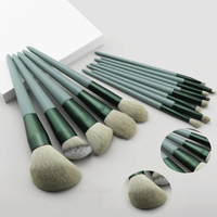 Kuas Makeup Profesional 13 Buah Set Hijau Label Pribadi Grosir Kustom, Alat Kosmetik Bulu Serat Lembut