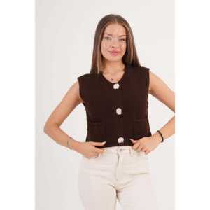 Gilet en tricot café pour femme Mossk avec boutons dorés et double poche, vêtement d'extérieur - Product Image 5