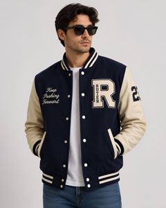 Chaqueta Varsity Unisex Azul Marino y Beige con Letra R Bordada, Bolsillo Frontal, Corte Regular, Cuello en V, Estilo Urbano, Ropa de Invierno - Product Image 2