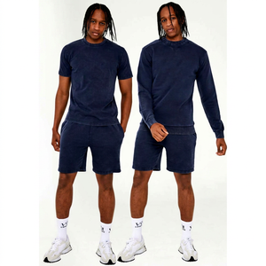 Ensemble T-shirt col rond et short en coton délavé pour homme – Tenue décontractée d'été respirante en maille unie - Product Image 1