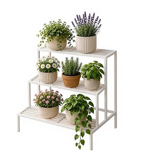 Support à fleurs en métal minimaliste moderne à 3 niveaux, étagère à plantes blanche avec revêtement en poudre pour la décoration intérieure - Product Image 2