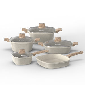 Nieuwe design eco-vriendelijke antiaanbak kookset met glazen deksel, geschikt voor inductie & gas, met bakeliet houten handvat - Product Image 1
