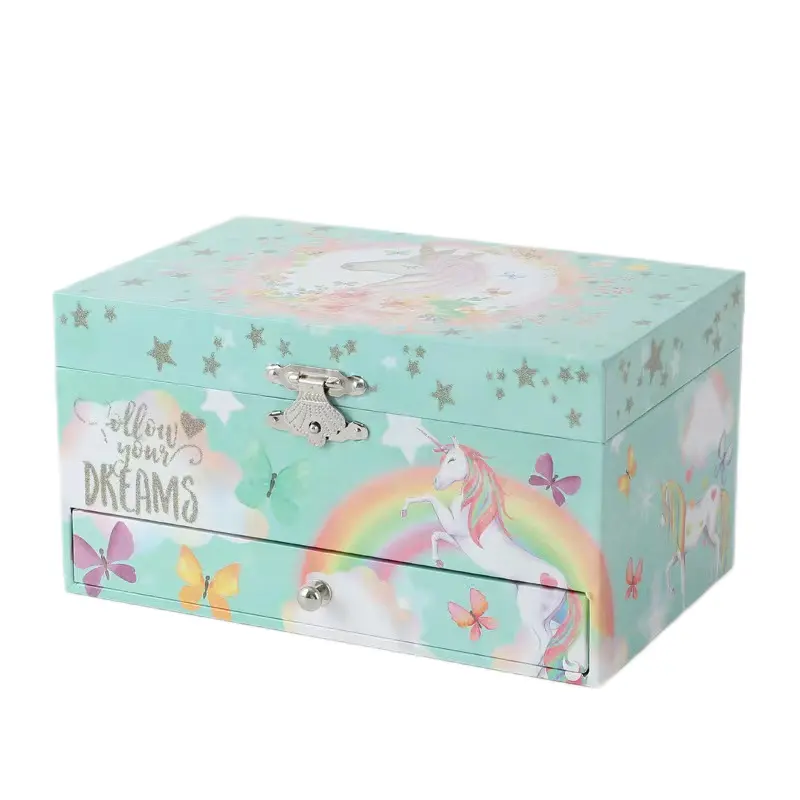 Luxury Custom Princess Unicorn Drawers Girls Kids Gift Wooden Unicorn Star design Jewelry Musical Trinket Box