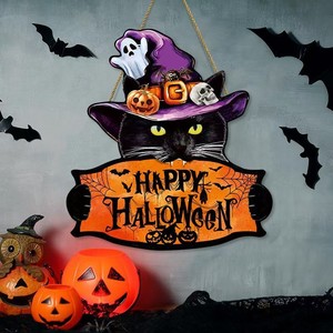 Hot New Halloween Decoraciones Puerta de madera Letrero Gatito Bruja Fantasma Colgando Decoraciones de pared Fiesta en casa Suministros de vacaciones Props - Product Image 6