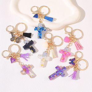 Llavero de Cruz al por Mayor, Llavero Cristiano con Flecos de Mariposa, Cristal, Resina, Colgante, Amuleto Religioso - Product Image 1