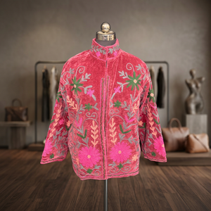 Designer Pink <b>Velvet</b> Embroidered <b>Jacket</b> Floral Kashmiri Style Winter Coat High Neck Boho Cardigan <b>Women</b> Outerwear Wear - Product Image 4