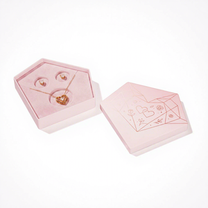 Boîte à bijoux de luxe en deux parties, forme personnalisée, avec couvercle et base en forme de diamant rose, estampage or FX, avec insert en mousse - Product Image 1