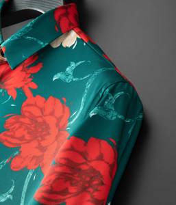 Camicia Floreale da Uomo Vintage Antirughe Traspirante a Maniche Lunghe in <span class=keywords><strong>Verde</strong></span> <span class=keywords><strong>Smeraldo</strong></span> e Rosso Intenso per un Design Vibrante e Alla Moda - Product Image 6