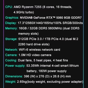 Ordinateur portable Clevo 17,3 pouces avec GPU <span class=keywords><strong>AMD</strong></span> Ryzen 7-255, RTX5060 8 Go, 64 Go de RAM GDDR7 DDR5, SSD M.2 PCIe 2 To/4 To, 165 Hz, double écran - Product Image 2