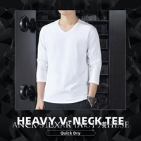 T-shirt en coton épais 250g pour hommes, haut à manches longues et col en V, couleur unie, décontracté, design vierge, chemise de fond, vente en gros