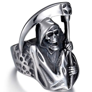 ZhuQian Vintage <span class=keywords><strong>Retro</strong></span> Punk Silberbeschichtete Legierung Breite Ringe Herren Sensenmann-Sensenmesser Dominanter Totenkopf Hip Hop Zirkon Einzigartiger Schmuck - Product Image 5