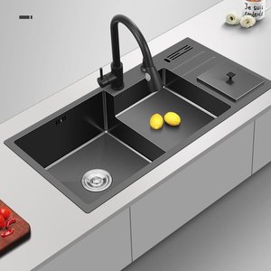 Matte Black Nano Stainless Steel Kitchen Sink with Drying Board Pull <b>Down</b> Sprayer and Hidden Cover Multifunctional Sink - Product Image 1