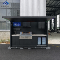 Module de cuisine extérieure de luxe avec auvent relevable à LED, barbecue à gaz, évier, réfrigérateur et support TV pour îlot BBQ de villa ou de jardin