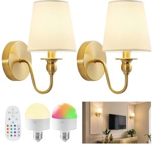 Lámpara de Pared Moderna Escandinava de Cobre con Pantalla de Tela Beige, Bombilla LED Cálida de 3500K, Control Remoto, E26, para Dormitorio - Product Image 1