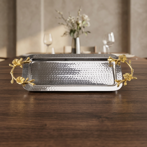 Floral Handle <b>Serving</b> <b>Tray</b> Polished Metal Rectangular Decorative <b>Tray</b> Residential Use - Product Image 3