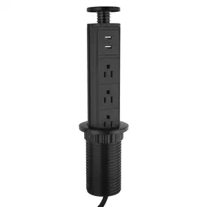 Retractable Pull Pop Up Power Outlet with 3 AC Outlet 2 USB Ports,2.5in Round Hole Grommet Power Strip,6ft Power cord socket