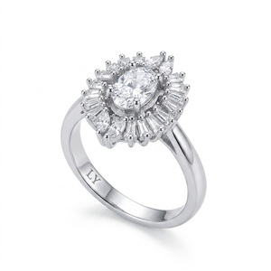 Sunburst Oval Halo Rhodium Plated Brass <b>Ring</b> with Oval CZ Vintage <b>Statement</b> <b>Ring</b> for Wedding Gift Party - Product Image 1