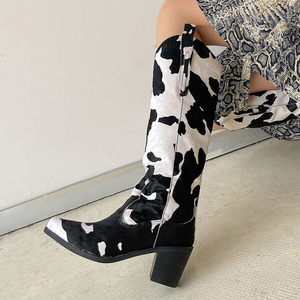 Western Style Horse Hair Cowboy Long <b>Boots</b> Women High Square Heels Cow Pattern Shoes V-shaped Top Knee High Booties - Product Image 4