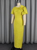 ADR060171 Robe jaune décontractée moulante à manches courtes bouffantes en jacquard avec fente pour l'été