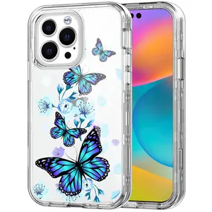 Three Layers Heavy Duty Butterfly Designs Phone Case For Iphone 11 12 13 14 15 15 Pro Max