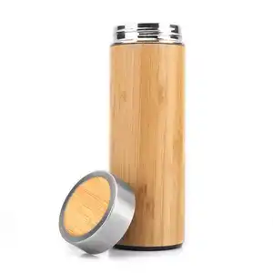 Aço inoxidável Viagem Café Manter Quente Bambu Pele Vacuum Isolado Thermos Cup Com Tampa