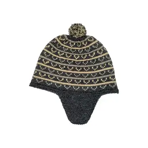 Topi Bayi Bahan Jacquard, Topi Beanie Bayi dengan Pompom, Topi Wol Penutup Telinga Motif Jacquard