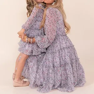 Feito na china balé personalizado floral pai-filho mãe e filha manga lanterna floral chiffon vestido de manga longa