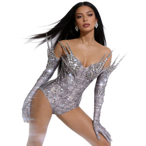 Body intero da designer per feste di compleanno con guanti, tuta da club da donna, body da showgirl per performance di danza, outfit da festival - Product Image 1