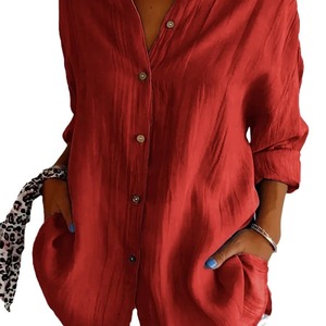 Vêtements pour femmes couleur unie style européen américain chemisiers chemises simple boutonnage plissé <span class=keywords><strong>col</strong></span> rabattu manches retroussées - Product Image 5