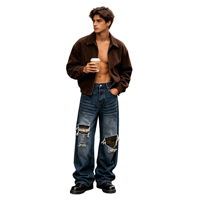 Jean en denim déchiré à jambe large, coupe vintage, effet vieilli, avec patch camouflage, style streetwear