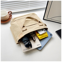 Sac de shopping en toile de coton uni pour femmes, sac fourre-tout en toile multi-poches avec fermeture éclair