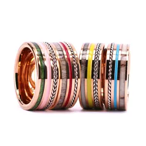 Trendy New Design Tungsten Carbide Band Specialized Wood and Chain Inlay Red Groove Wedding Engagement Ring
