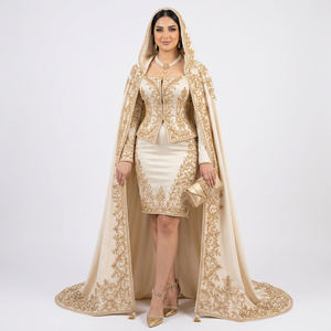 Jupe courte avec robe Badroune brodée sur crêpe banane avec des détails dorés pour mariage/soirée - Product Image 1
