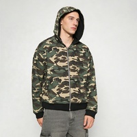 Sweat à capuche réversible camouflage pour homme avec patchs brodés, fermeture éclair intégrale, style streetwear décontracté, avec poignets et ourlet côtelés