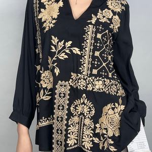 Blusa Casual de Algodón para Mujer, Estilo Vintage con Bordado Floral, Transpirable, Cuello en V, Manga Larga, para Verano - Product Image 6