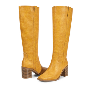 أحذية WETKISS OEM مربع إصبع القدم لراكبي الدراجات النارية أحذية عالية الركبة للسيدات بكتلة كعب المرأة أحذية طويلة صفراء - Product Image 4