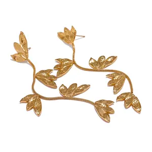 JINYOU 3898 패션 스테인레스 스틸 금속 꽃 긴 매달려 체인 드롭 귀걸이 18K 골드 컬러 도금 기질 보석