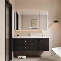 Ensemble de meuble-lavabo mural moderne et minimaliste en contreplaqué noir à double tiroir avec vasque intégrée et armoire à miroir LED