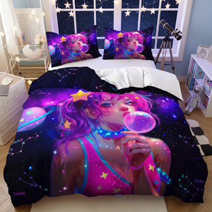 Ensemble de housse de couette en polyester haute définition personnalisable moderne imprimé avec une fille hip-hop à bulles de rivière étoilée violette - Product Image 1