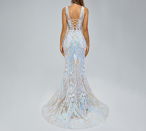 Robe de soirée de bal européenne et américaine sexy à col en V, à sequins, longueur au sol, taille empire, silhouette sirène, sans manches - Product Image 6