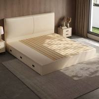 Lit double moderne en métal avec tête de lit rembourrée en cuir véritable, cadre de lit moelleux, grand lit avec rangement à tiroirs