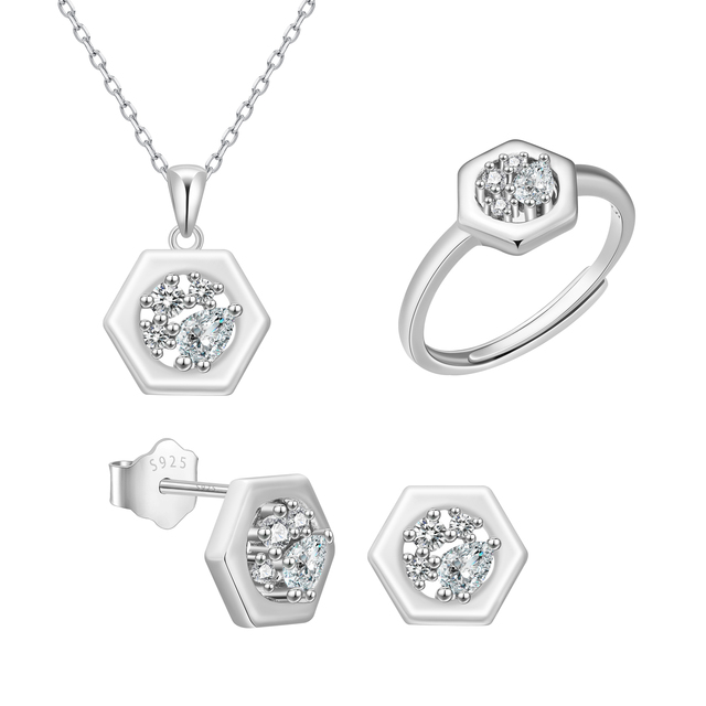 New 925 Pure Silver Prism Pendant with 5A Zircon Necklace Ring Earrings Jewelry Set for Women