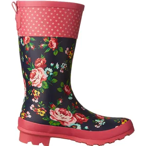 Neue Floral Knie Hohe Stiefel Frauen Rot Gummi Regnerischen Schuhe Mode Walking Gummistiefel