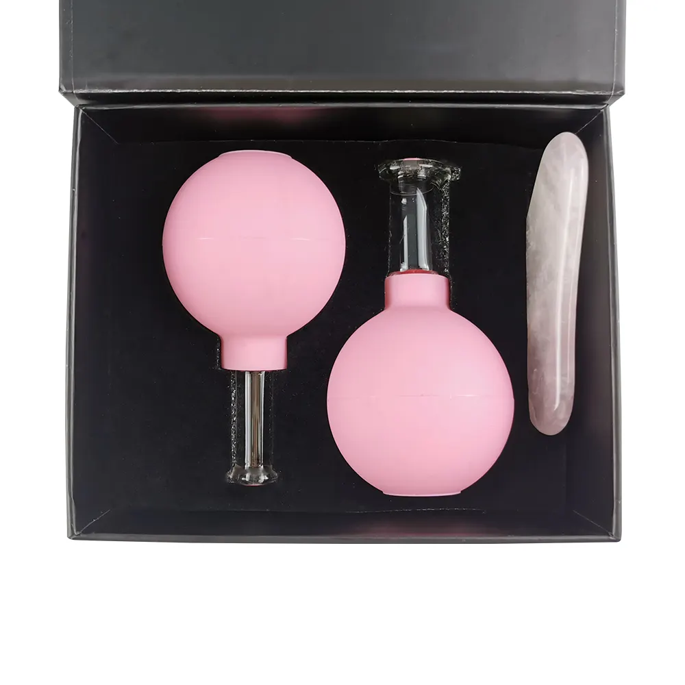 Vacuum Suction Cups Guasha Tool Set Massager Face Cupping Set With 2 Small Cups And Pink Jade Guasha Tool