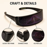 Lunettes LED Lumineuses avec Contrôle Bluetooth via APP, Affichage Matriciel RGB 12x36 Points, 432 LED, Rechargeables USB, Autonomie 5H, Matériau ABS, Idéales pour les Fêtes