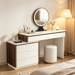 Coiffeuse moderne blanche avec miroir LED rond, meuble de rangement et tabouret pour chambre à coucher - Product Image 3