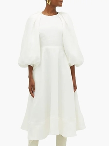 Solido di modo di Cut-out Bianco Balloon-manica Canapa Midi Vestito Delle Donne Delle Signore Vestito Lungo Casuale - Product Image 5
