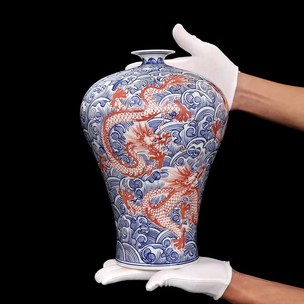 China Traditional Vase hand-painted blue and white glaze Red Sea water five dragons vase meiping antique porcelain ceramic vase