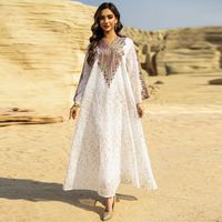 Robe longue musulmane de luxe 2026 Dubaï, imprimé ethnique multicolore, col en V, manches cloche, Abaya modeste